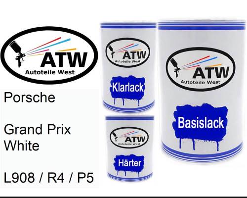 Porsche, Grand Prix White, L908 / R4 / P5: 500ml Lackdose + 500ml Klarlack + 250ml Härter - Set, von ATW Autoteile West.